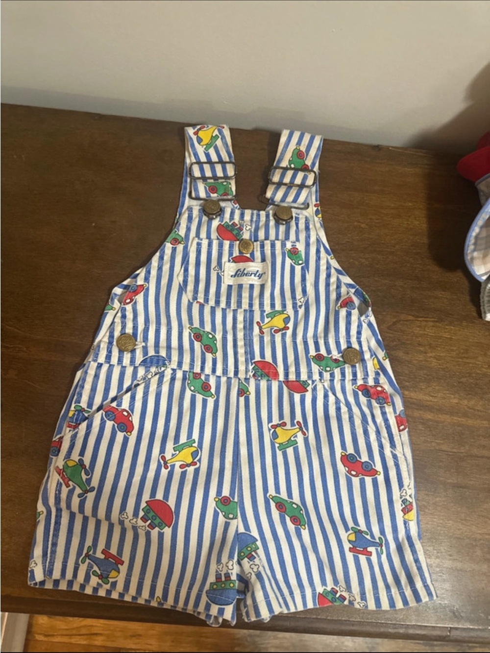 liberty Blue-and-White Striped Short Overalls with Colorful Car Print